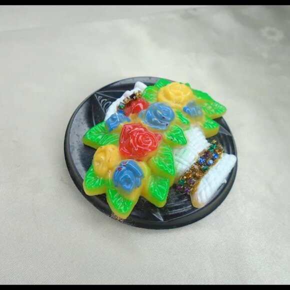 Big Flower Brooch Pin - Scarf Slide with Rainbow Rhinestones - Handmade OOAK - Picture 3 of 12